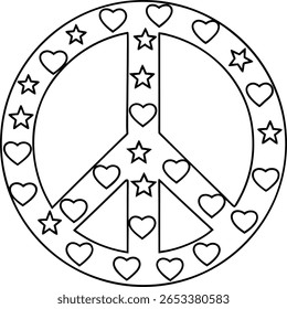 Um contorno preto e branco de um símbolo de paz decorado com corações e estrelas em torno de sua circunferência e dentro de seu design.