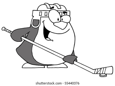 Black And White Outline Of A Penguin Playing Ice Hockey