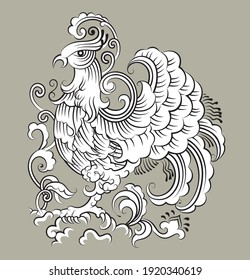 Black and white Outline Pheasant, Bird Thai art Style .Vector illustration on Grey Back ground 