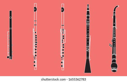 Black and white outline piccolo, flute, alto flute, oboe and English horn isolated on red background. Musical instruments for template or art school dictionary illustration