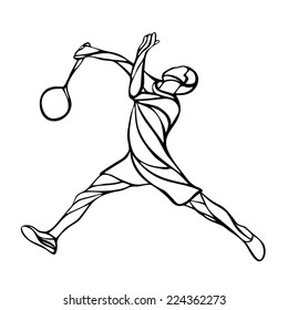 Black and white outline professional badminton player. Silhouette of abstract badminton player doing smash shot. Vector illustration