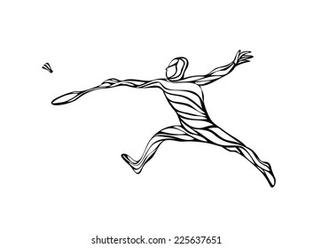 Black and white outline professional badminton player. Silhouette of abstract badminton player doing smash shot. Vector illustration
