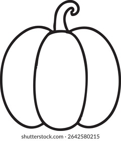 A black and white outline of a pumpkin with three sections and a curled stem, ideal for coloring or fall decorations.