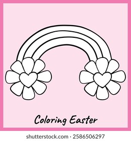 Black and white outline of a rainbow with heart-centered flowers, designed for fun Easter coloring activities. Perfect for kids and creative crafts