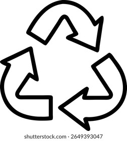 Black and white outline of a recycling symbol with three arrows in a triangular loop for environmental awareness