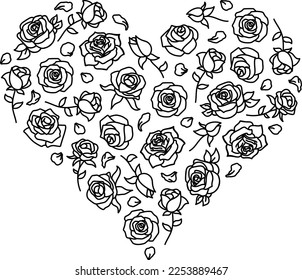 Patrón de rosas de contorno blanco y negro en forma de corazón