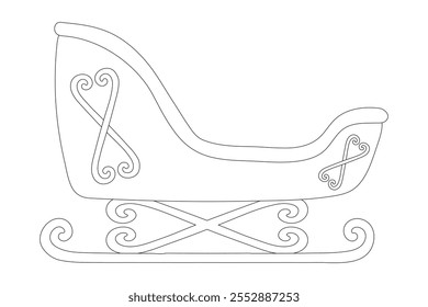 Black and white outline of Santas sleigh, perfect for Christmas and New Year designs, coloring books, and festive decorations.