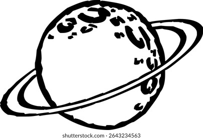 Contorno preto e branco de Saturno com anéis, usado em gráficos e ilustrações relacionados ao espaço.