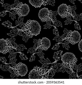 Black and white outline seamless pattern with chrysanthemum flowers drawn by hand. Floral vector by ink freehand style for wallpaper, bedding, textile, fabric, poster, package.