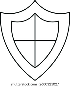 Black and white outline of a shield with an outer border and an inner shield shape divided into four quadrants by intersecting lines, symbolizing protection or security. Shield, protection, security