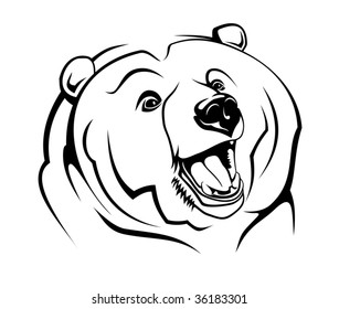 Black And White Outline Sketch Of An Angry Bear Head With An Open Mouth And Ferocious Teeth