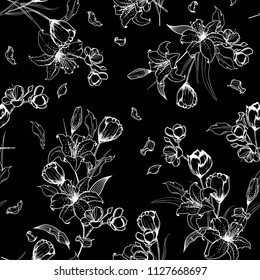 Black and white outline sketch and hand drawn lily and tulip flowers. Botanical Seamless pattern vector texture. For fashion prints. printing ,fabric,fashion wallpaper and all prints