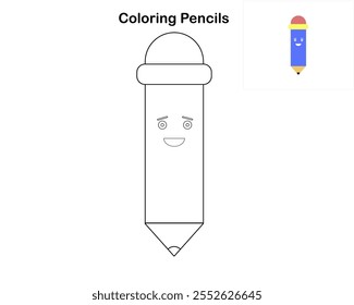 Black and white outline of a smiling cartoon pencil, ideal for coloring books, educational tools, or creative projects. The design includes simple details, making it suitable for children.