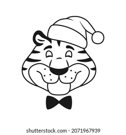 Black and white outline smiling tiger head in Santa hat isolated on white background. Thin line animal character face. New Year symbol kids coloring page. Comic wild cat. Holiday vector illustration.