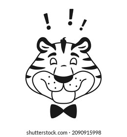 Black and white outline smiling tiger head. Happy cartoon animal character portrait isolated on white background. Cute striped wild cat face. Holiday line vector illustration for kids coloring page.