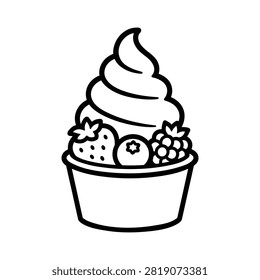 Black and white outline of soft serve ice cream in cup topped with fresh strawberries blueberries and raspberries.