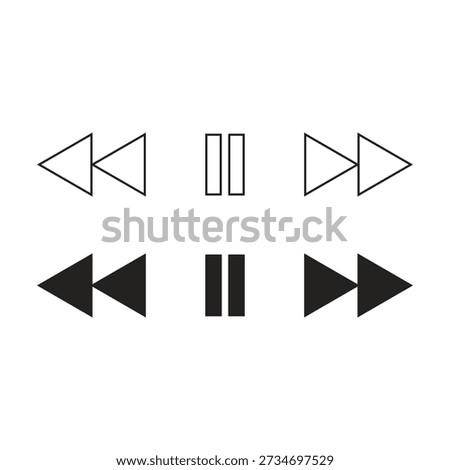 Black and white outline and solid for rewind pause and fast forward audio player