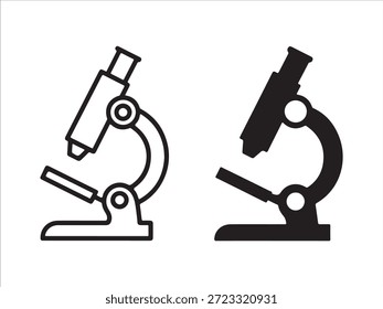 Contorno preto e branco e silhueta sólida de uma pesquisa de tecnologia de ciência de microscópio