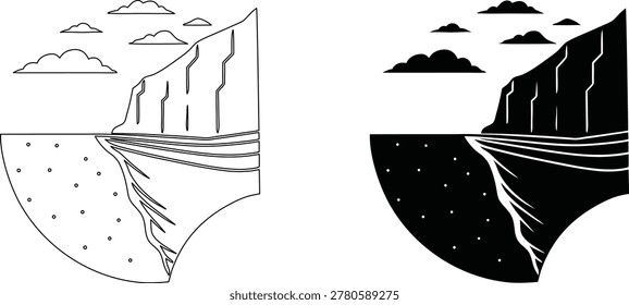Black and white outline and solid silhouette of a cross-section view of a cliff face and underwater scene with clouds and rocks.