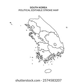 A black and white outline of South Korea, highlighting its political regions. It serves as a useful reference for geographical education and mapping applications.