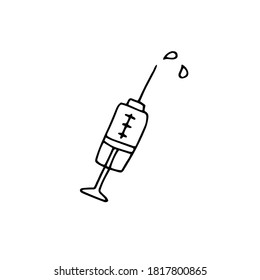 Black And White Outline Of A Syringe With A Medicine. Vector Doodle Illustration, Hand Drawn