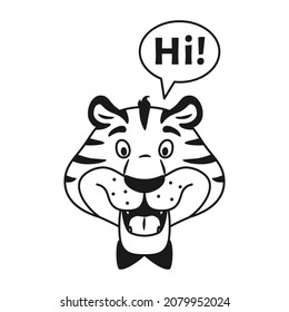 Black and white outline talking happy tiger portrait isolated on white background. Cute adorable wild cat say Hi. Coloring page for children. Holiday line striped animal character vector illustration.