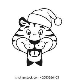 Black And White Outline Talking Happy Tiger In Santa Hat Head Isolated On White Background. Cute Adorable Wild Cat. Coloring Page For Kids. Holiday Line Smiling Animal Character Vector Illustration.