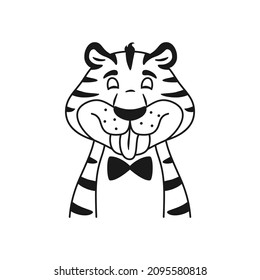Esbozo blanco y negro que se burla de la cabeza del tigre cómico. Página de colorear para niños. El gato salvaje muestra un retrato de lengua aislado en un fondo blanco. Feliz animal sonriente. Ilustración vectorial de línea.