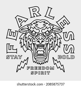 Black and White Outline Tiger Head Illustration with A Slogan Artwork on White Background for Apparel or Other Uses