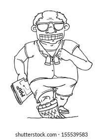 Black and white outline, Tourist smiling with a map, vector illustration