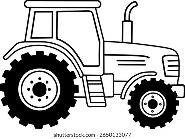 Black and white outline of a tractor. Perfect for coloring pages, kids' activities, and farm-themed designs.
