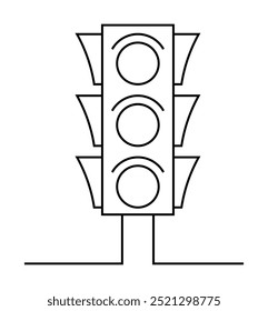 Black and white outline of a traffic light with three circular lights. Ideal for transportation, road safety, signage, urban planning, and education themes. Simplistic vector style.