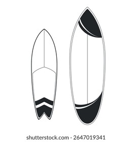 Black and white outline of two surfboards with minimal geometric design. Perfect for summer, beach, or surfing-themed illustrations.