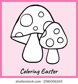 Black and white outline of two whimsical spotted mushrooms, perfect for Easter and nature-themed coloring activities. Fun and creative printable for kids and crafts