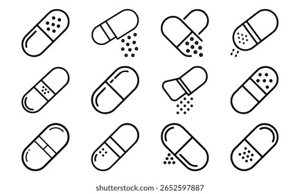O esboço preto e branco de vários medicamentos para cápsulas representando pílulas e conceitos de medicamentos.