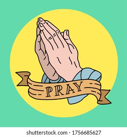 Black and white outline vector art of praying hands. Full color of praying hands vector art logo or icon with pray text on ribbon.