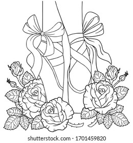 Black and white outline vector coloring book for adults. Legs of a ballerina in pointe shoes among the flowers of roses with thorns