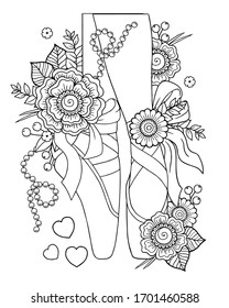 Black and white outline vector coloring book for adults. Ballerina legs in pointe shoes among stylized flowers