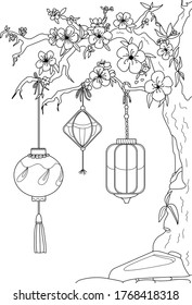 Libro de colorantes vectoriales en blanco y negro para adultos. Faros de Japón