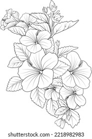 Black and white outline vector coloring book page for adults and children flowers hibiscus with leaves buds hand drawn flowers, isolate on white background ink illustration design color book.
