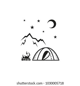 black and white outline vector icon tourist camp at night