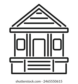 Black and white outline vector icon representing a classical building with a triangular pediment