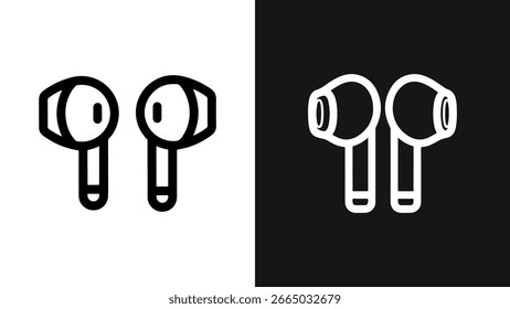 Black and white outline vector icon of wireless earbuds, modern technology accessory.