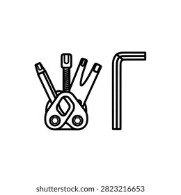 Black and white outline vector icon of a multi-tool set with various repair implements and an allen key.