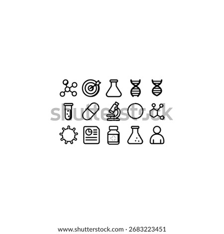 Black and white outline vector icons for biotechnology and drug development - molecular structure, drug target, DNA strand, chemical flask, test tube, and clinical trial report in minimal style