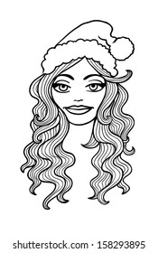 Black and white outline vector illustration. Smiling girl in a Christmas cap