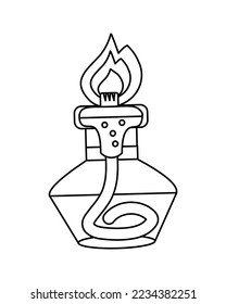 Schwarz-Weiß-Umriss. Vektorgrafik. Spirituosenlampe mit Heber, Glas Glas Glas Flüssigkeit und Flamme. Symbol auf isoliertem Hintergrund für das Design. 