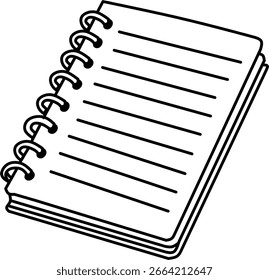 Black and white outline vector illustration of a spiral-bound notebook with lined pages, isolated on white background. Perfect for stationery, school, and office-themed designs.