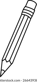 Black and white outline vector illustration of a wooden pencil with eraser, isolated on white background. Perfect for stationery, school, and office-themed designs.