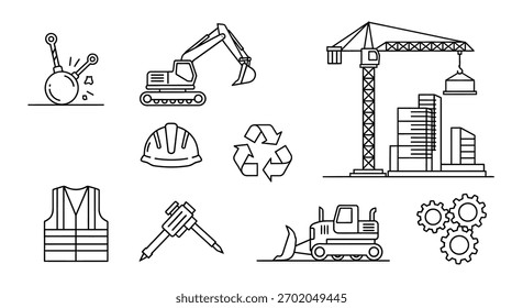 Black and white outline vector illustration showcasing different elements related to construction The image includes a wrecking ball excavator construction 